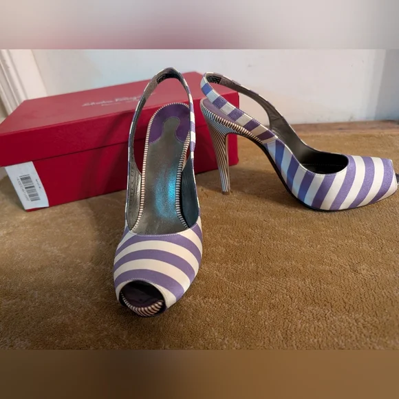 NIB Salvatore Ferragamo Fioretto Satin Purple Striped Slingback Pumps 8.5 - Picture 6 of 11